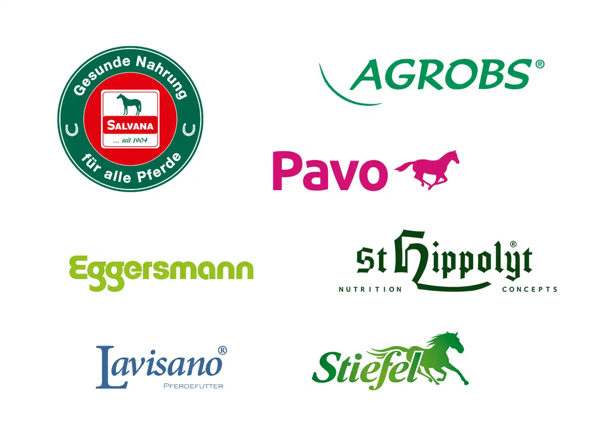 Verschiedene Logos von Pferdefutter-Marken: SALVANA, AGROBS, PAVO, Eggersmann, St. Hippolyt, Lavisano, Stiefel
